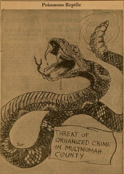 The cartoon depicts a rattlesnake labeled "Threat of Organized Crime in Multnomah County"