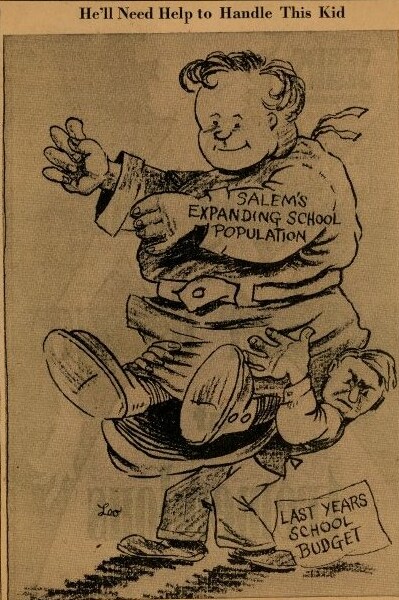 The cartoon depicts a man labeled "Last Years School Budget" struggling to hold a large child labeled "Salem's Expanding School Population"